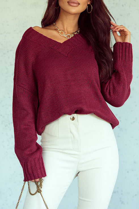 V Neck Drop Shoulder Knitted Sweater